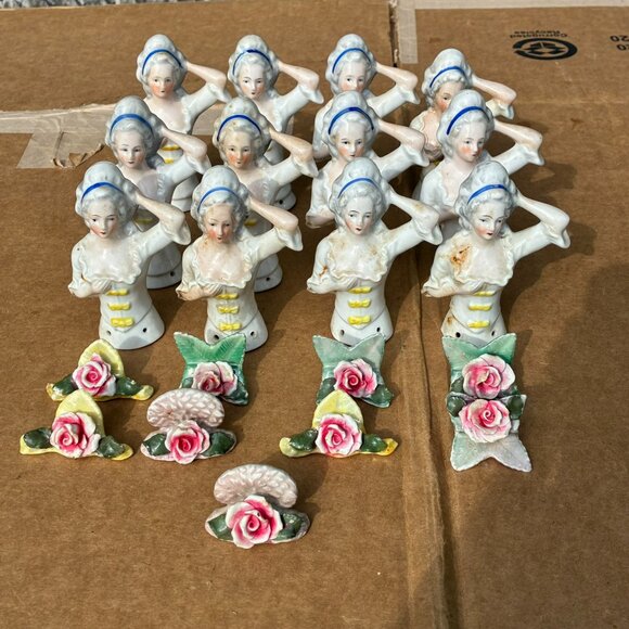GERMAN PORCELAIN HALF DOLL VICTORIAN LADY LOT & DRESDEN ROSE PLACE CARD HOLDERS - Picture 1 of 13